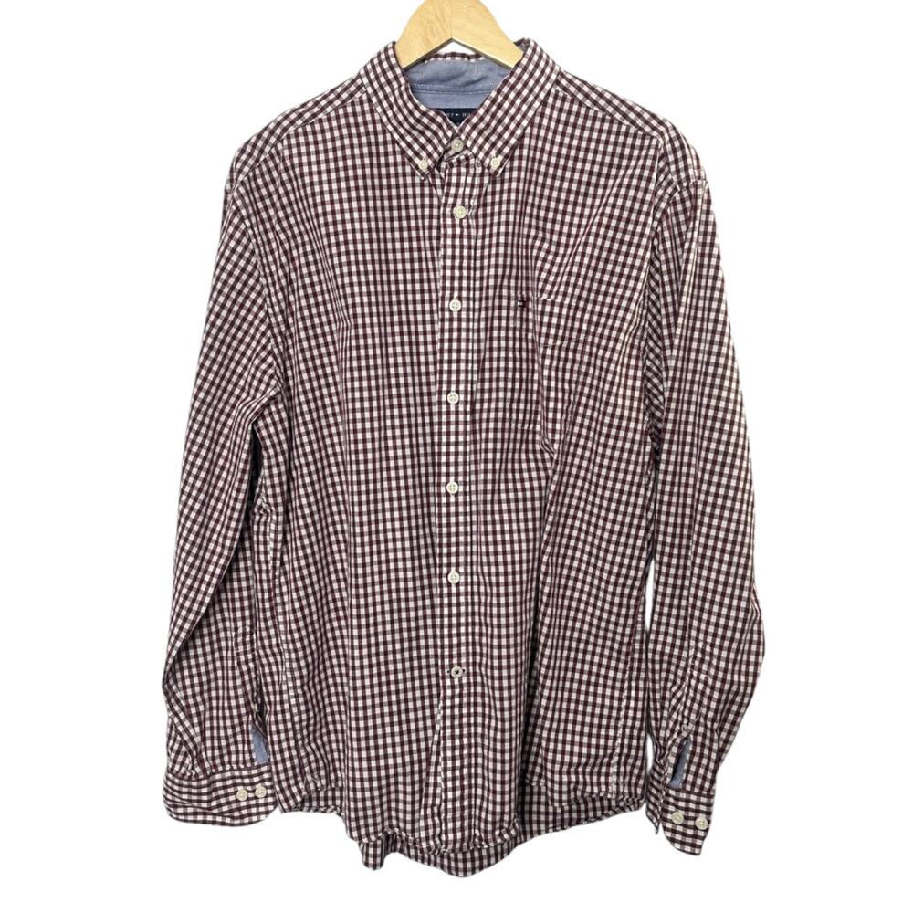 Tommy Hilfiger Classic Fit Dark Red & White Check Print Button Down Shirt Sz XL